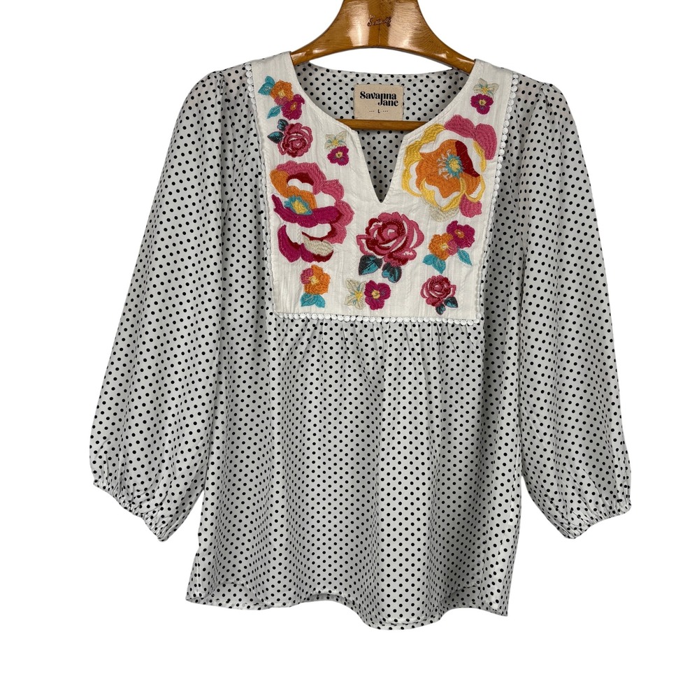 Savanna Jane Embroidered Floral Polka Dot Boho Peasant Blouse Top L